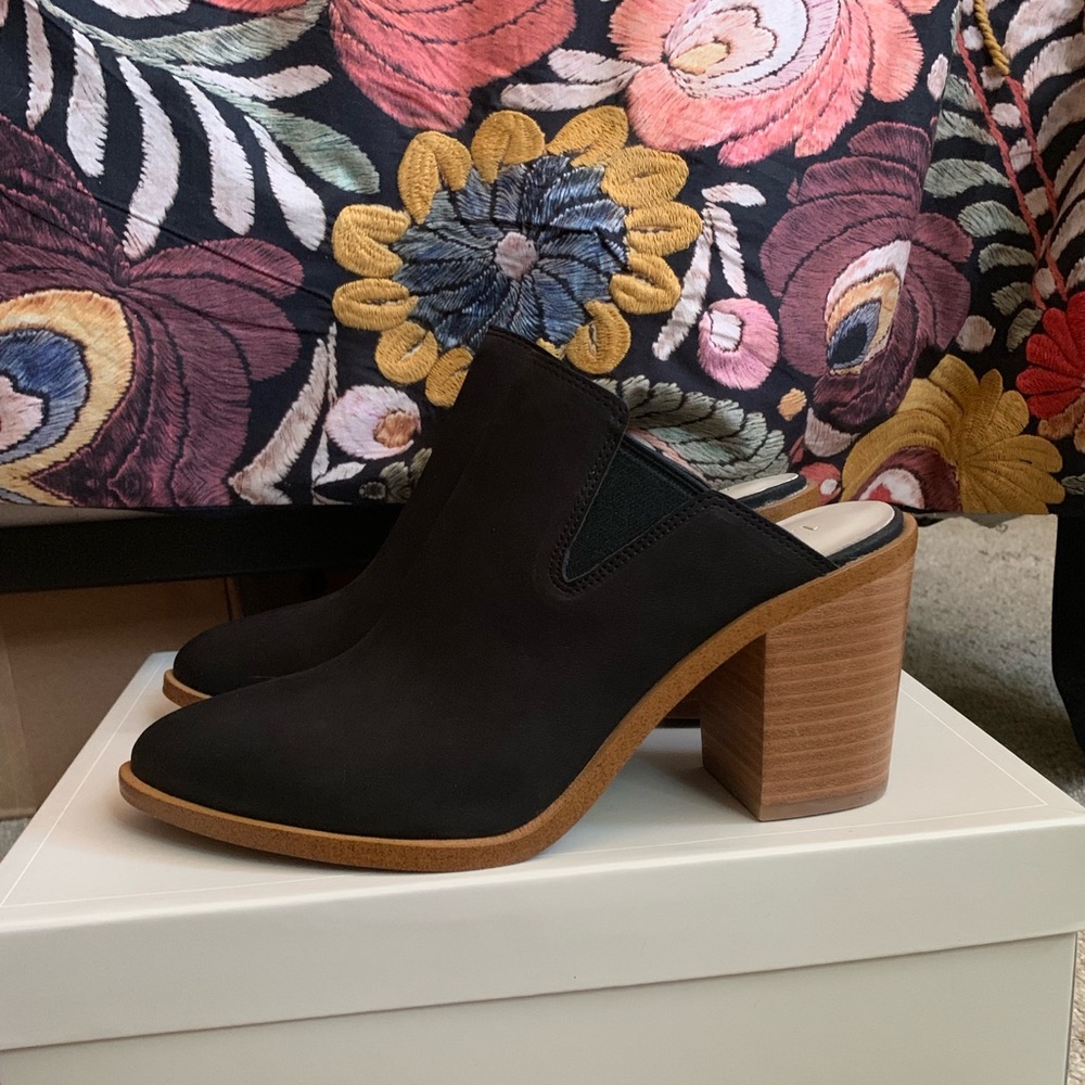 High heeled black mules